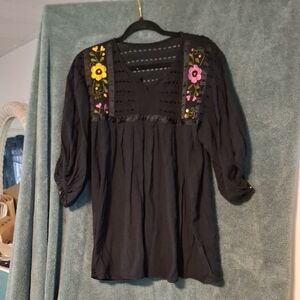 Floral Embroidered Black Blouse